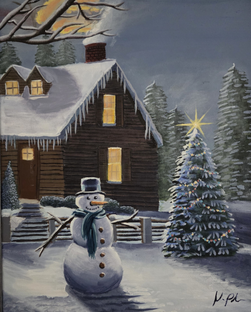 Snowman in front of house